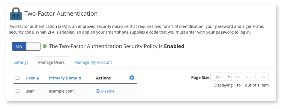 cPanel Two-Factor Authentication Screenshot