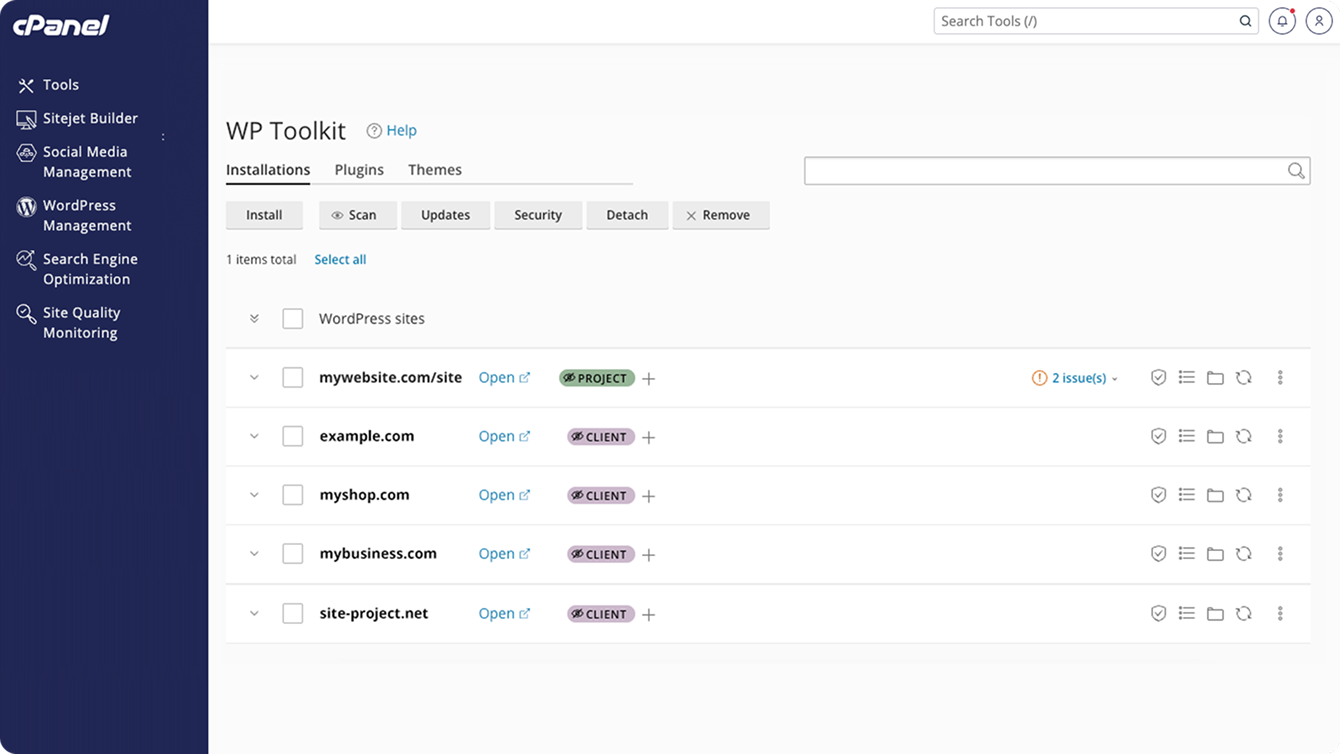 cPanel WP Toolkit Dashboard Sites