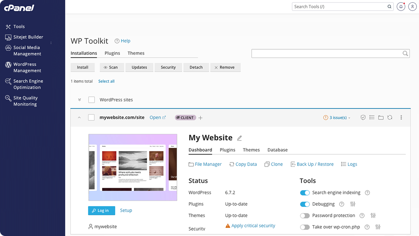 cPanel WP Toolkit Dashboard Site
