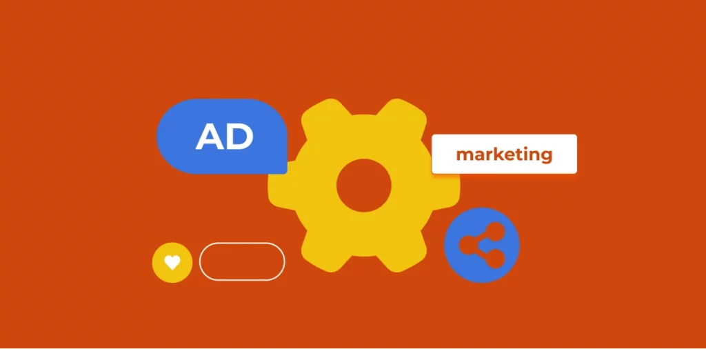 Cover image for 'The 10 Digital Marketing Tools Every Business Needs' with a large yellow gear icon in the center, a blue speech bubble with 'AD' on the left, and a white box with 'marketing' on the right. Below are icons of a yellow heart, an empty white rectangle, and a blue circle with connected dots.