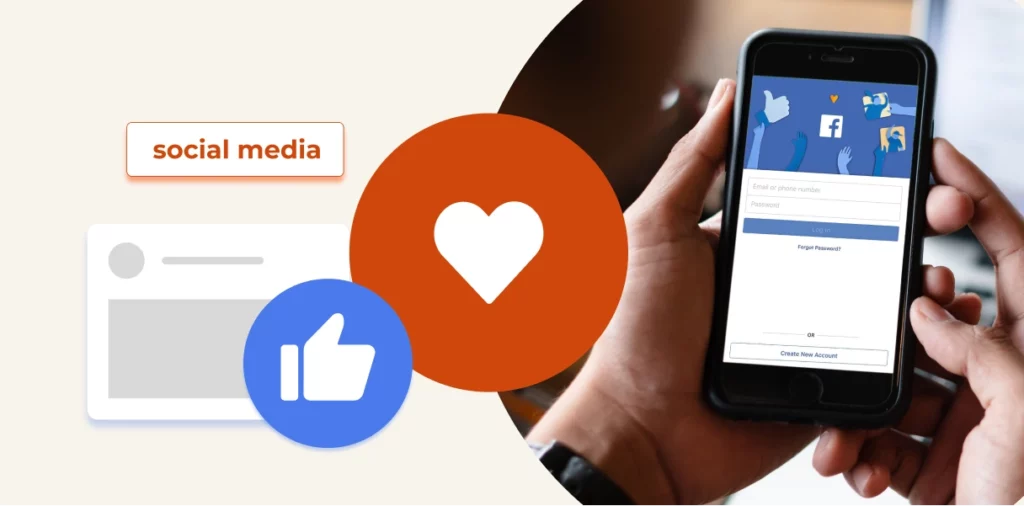 Cover image for the article 'Top 10 Social Media Management Tools for Agencies' featuring a split design. On the left, an illustration of a social media post with a thumbs-up icon and 'social media' text in an orange box. In the center, a large orange circle with a white heart icon. On the right, a close-up photo of hands holding a smartphone displaying various social media app icons.