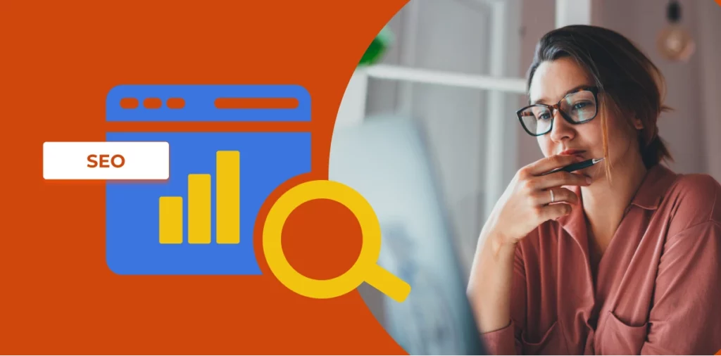 Cover image for the article 'Top SEO Audit Tools to Track Your Site’s Health' featuring a split design. On the left, an illustration of a blue web browser window with a yellow bar graph and a magnifying glass icon, with 'SEO' written in red text inside a white label. On the right, a woman is working on a laptop.