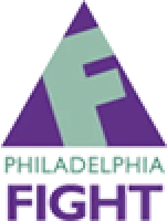 Philadelphia Fight logo with a purple and light green triangle encapsulating a green “F”.