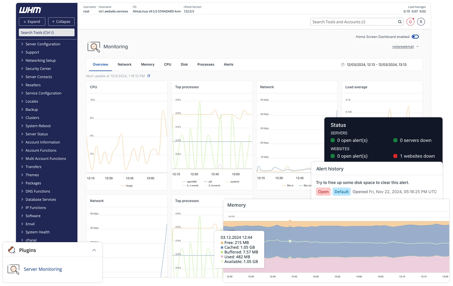 A “Server Monitoring” dashboard displaying graphs for CPU, network, memory, and top processes, along with a status overview of servers and websites.