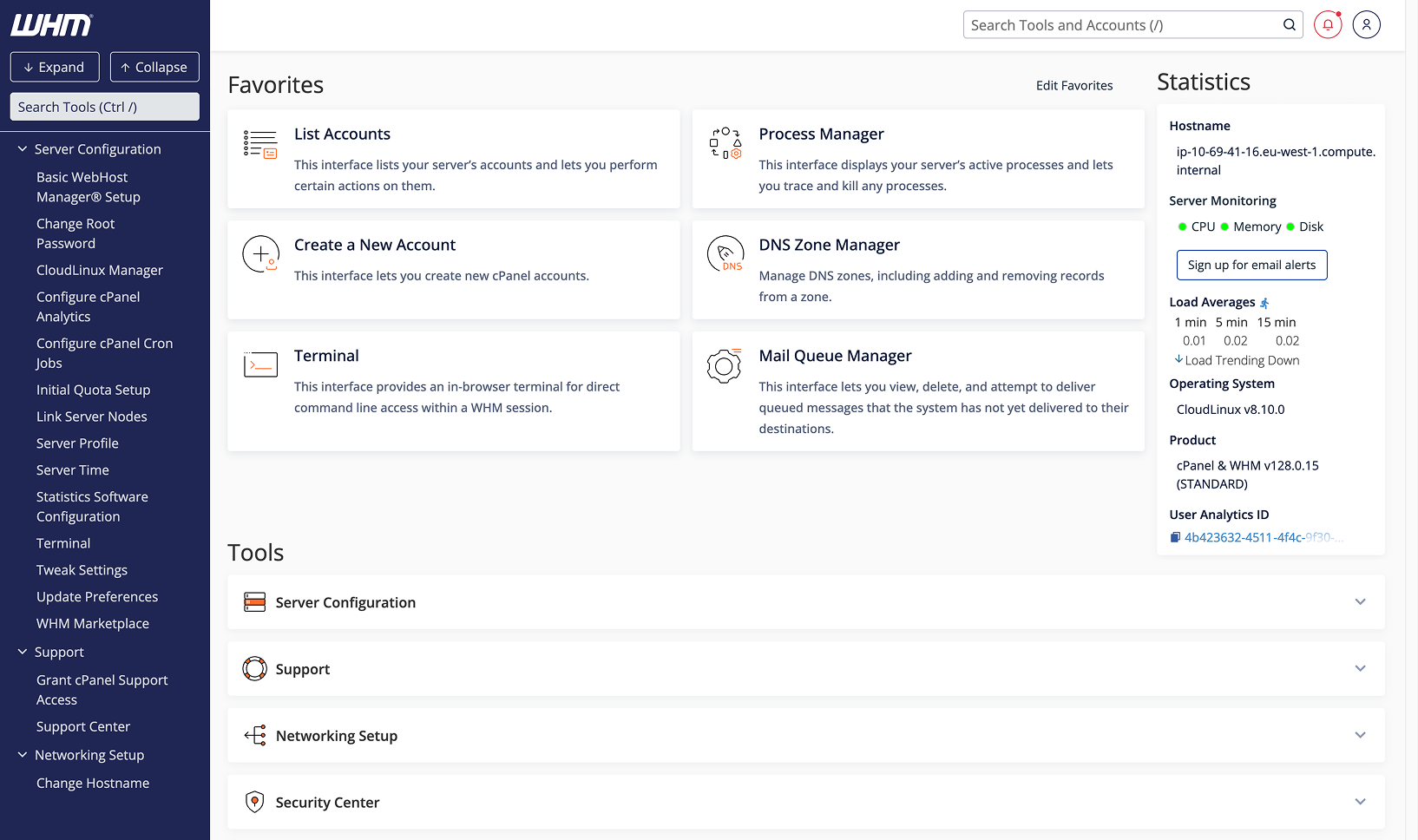 The WHM (Web Host Manager) dashboard showing favorite tools like "List Accounts," "Process Manager," and "DNS Zone Manager," alongside server stats and other configuration options.