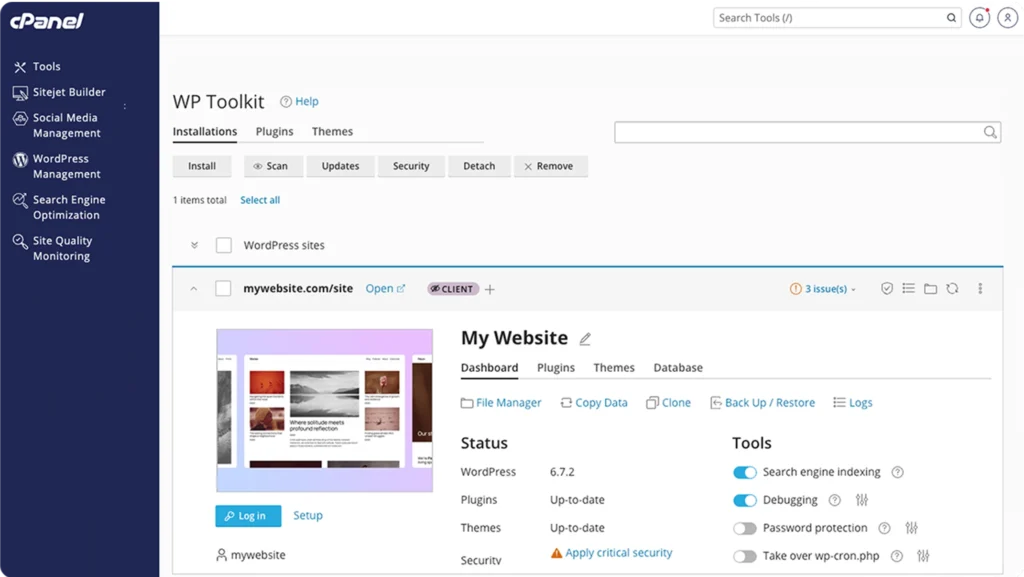 Two overlapping images of the cPanel "WP Toolkit" interface to customize WordPress, one lists several WordPress installations with options to install, scan, update, or remove. The other shows a detailed dashboard for "mywebsite.com," displaying its status, plugins, themes, and various tools.