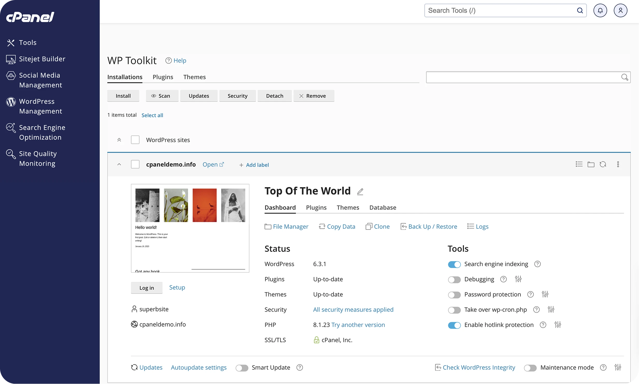 cPanel WP Toolkit interface displaying WordPress site installations, showing the status, plugins, themes, and other management tools of "cpanelpromo.info".