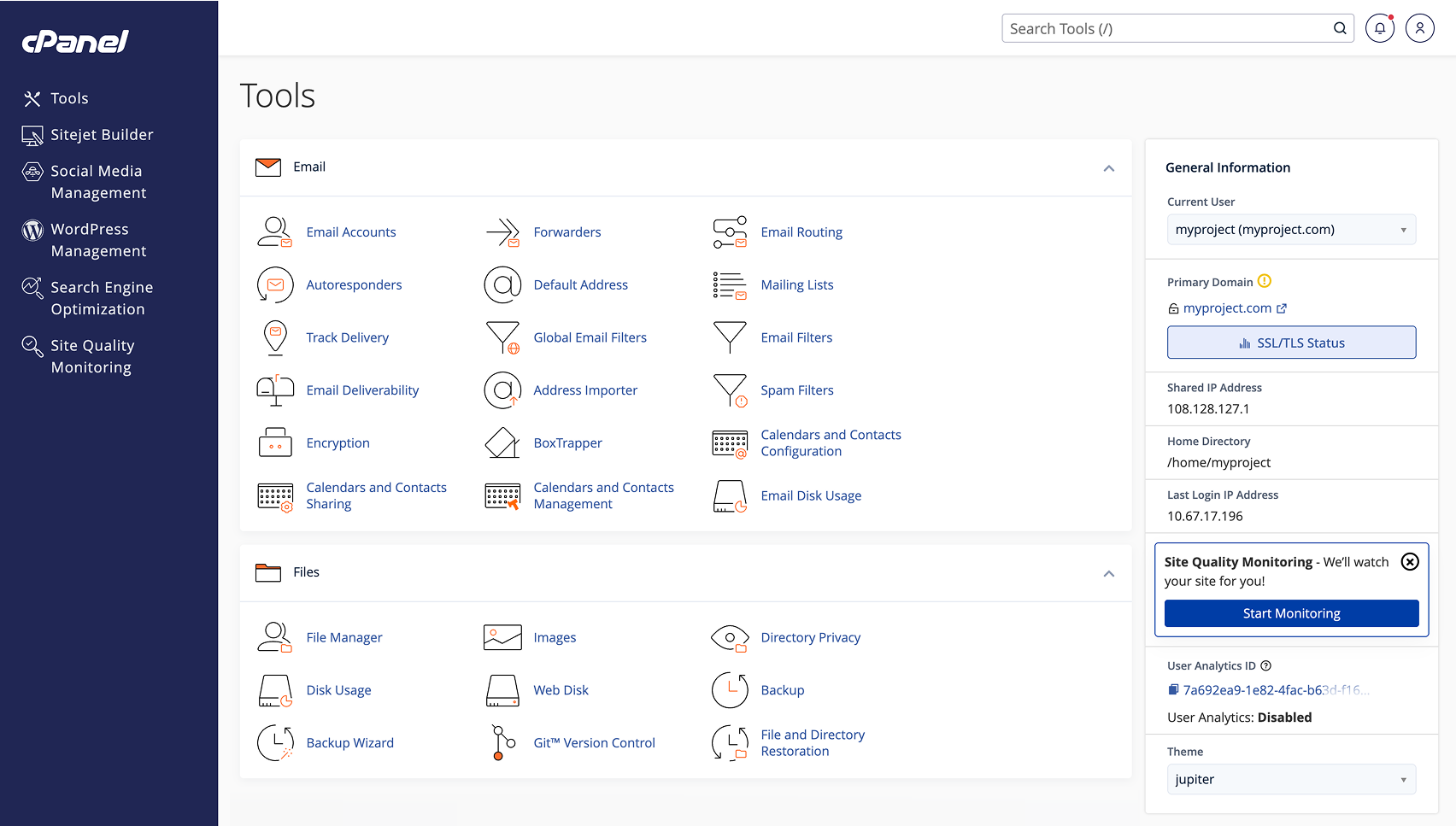 The cPanel Tools dashboard displaying various tools for Email and Files, alongside "General Information" and "Site Quality Monitoring" panels on the right.