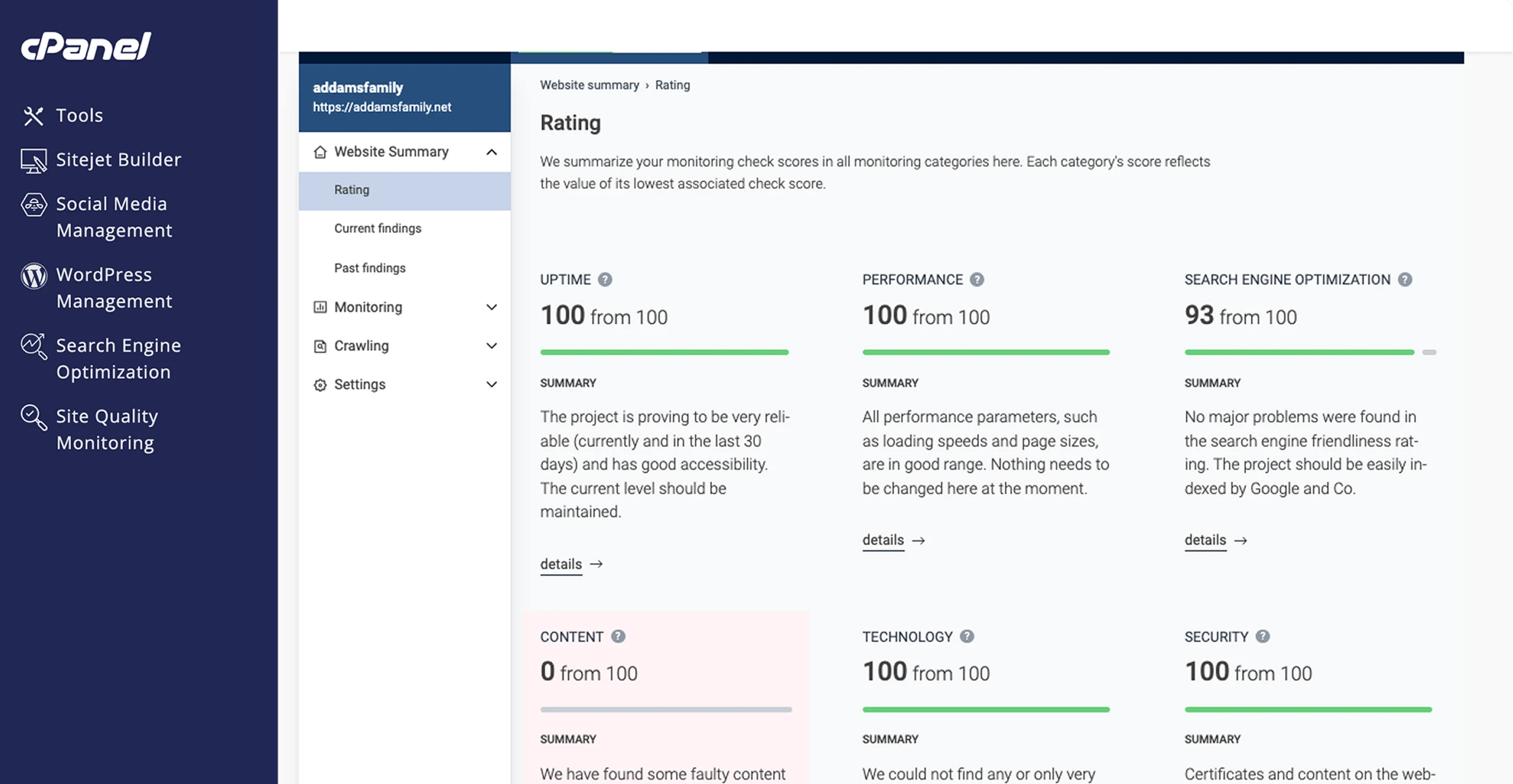 “Site Quality Monitoring" page showing a website's overall rating, and individual scores for uptime, performance, SEO, content, technology, and security.