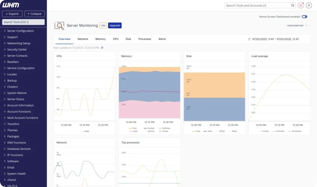 Two WHM interface windows overlap, one displaying "Favorites", “Tools”, and "Statistics," and another with detailed "Server Monitoring" graphs for CPU, memory, and load average.