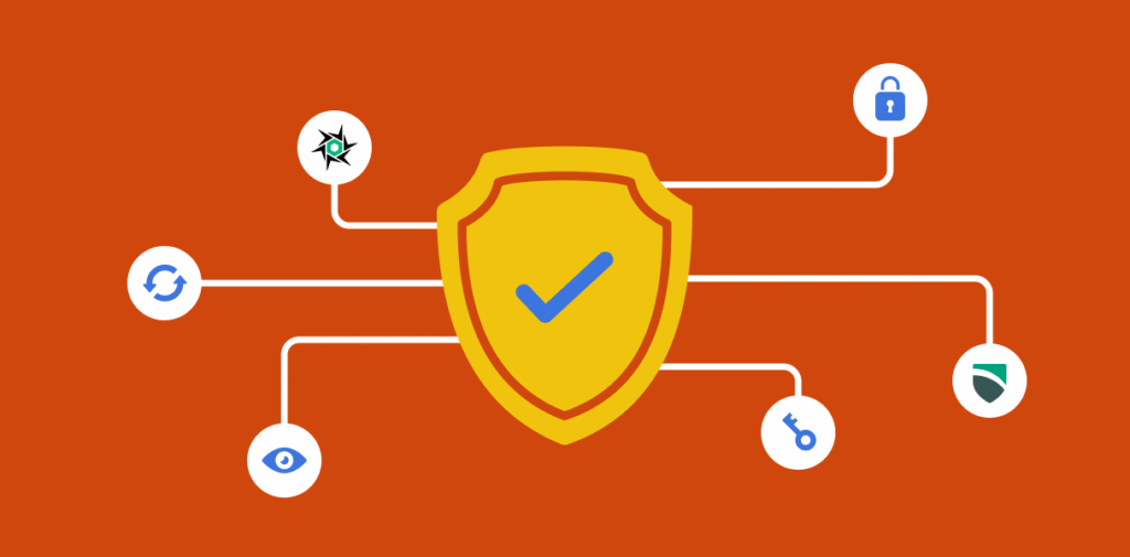 Shield icon with a tick, connected to icons of various security icons such as a lock, key, and refresh symbol.