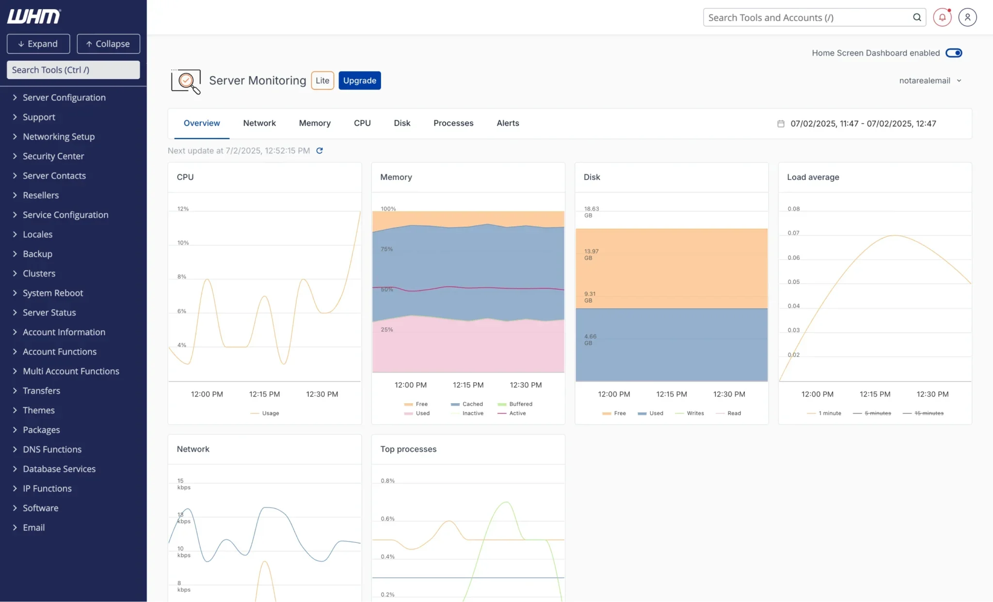 cPanel server monitoring dashboard showing uptime and alerts