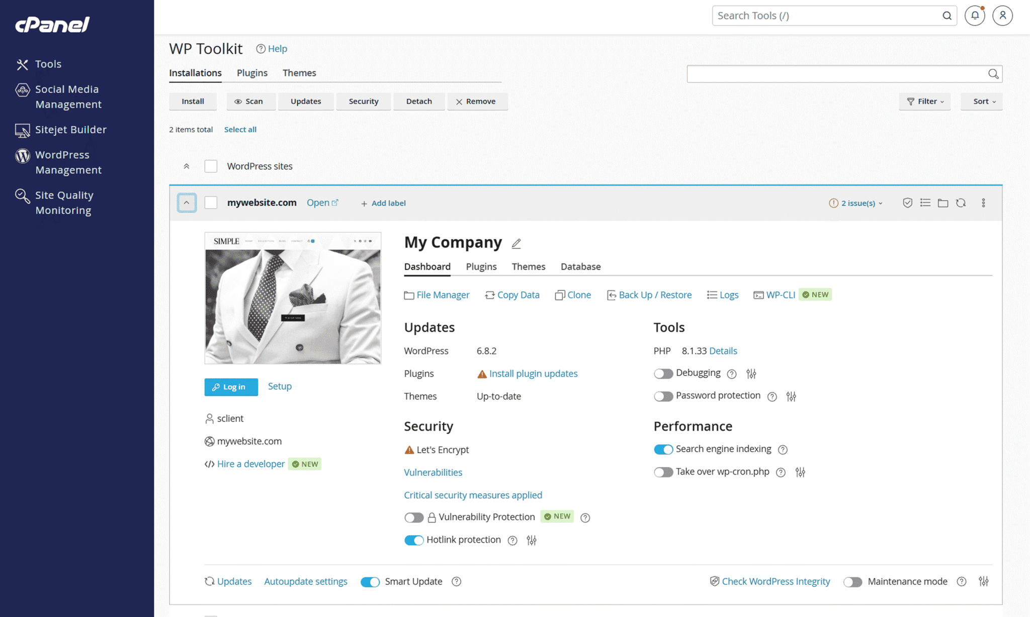 cPanel WP Toolkit dashboard for WordPress site management
